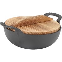 Cast Iron Wok Wooden Lid Flat Base 2 Loop Handle Even Heat Multifunctional Stir Fry Pan for Kitchen