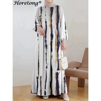 Horetong 2026 Summer Muslim Abaya Dress Women Tie-dye Stripe Round Neck Lantern Sleeve Loose Modest Islamic Casual Maxi Dresses