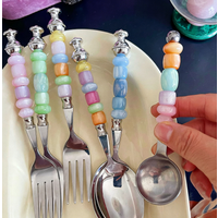 Cute Colorful Beaded Stainless Steel Spoon & Fork Set - Aesthetic Utensils for Dessert, Fruit & Coffee