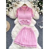 New Summer Knitting Two Pieces Sets Button Vintage Basic Sweater Tops + High Waist Pleated Skirt Women Fashion 2pcs Suits