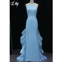 Lily Light Blue Prom Dress Halter Neck Backless Mermaid Evening Dress Floor Length Party Dresses With Ruffle Train Customized
