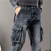 Loose Straight Leg Men's Jeans Black Denim Pants Spring Autumn American Style Workwear Multi Pockets Trendy Brand mid Waist