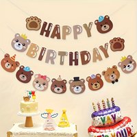 New Brown Cartoon Bear Birthday Letter Flag Baby Full Moon First Birthday Arrangement Birthday Party Banner Background Decorati