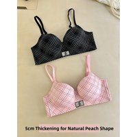 Plaid Thickened Breathable Women's Bra Comfortable No-Trace Anti-Sagging Large Cup Underwear Nylon Material Adjustable Strap