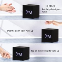Wood Retro Square Digital LED Alarm Clock Voice Control Glow Desk Clock Snooze Function Desktop Table Decor
