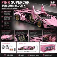 1:14 Scale Pink Supercar Building Blocks Remote Control RC Sports Car with Lights 982+PCS DIY Bricks Set for Kids & Adults