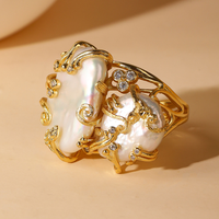 18K Gold Plated Natural Freshwater Pearl Ring for Women Creative Design Gemstone Ring Wedding Engagement Party Jewelry Gift