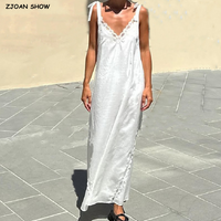 Holiday White Spliced Lace V neck Bow Strap Sling Dress Women V Back Loose A-line Maxi Long Tank Dresses Vestidos Summer Robe