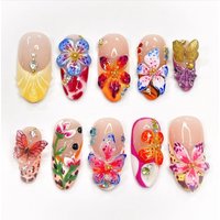 24pcs Tropical Flower Press On Nails Colorful French 3D Crystal Butterfly Shells Pattern Printed False Nails Almond Fake Nail