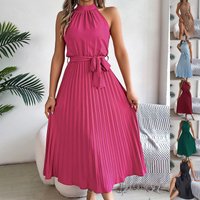 Elegant Standing Collar Sleeveless Waist Pleated Dress Cleanfit High Waist Polyester Fabric No Brand Mid-aged Women's Dress