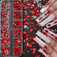 12Grids 3D Christmas Red Random Shape Nail Art Rhinestones Sparkling Glass Flatback Diamond Nail Art Decoration DIY Manicure Gem