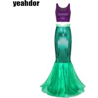 Women Mermaid Cosplay Costume Metallic Sleeveless Tank Top Fish Scale Print Crop Top Tulle Fishtail Skirt Set Halloween Dress Up
