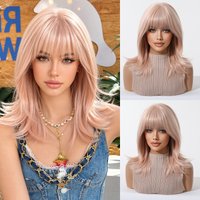 ALAN EATON Medium Pastel Pink Shaggy Wig with Bangs Face framing layers Synthetic Wig Heat Resistant Fiber Cotton candy pink wig