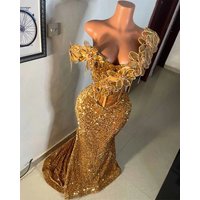 Gold African American Prom Dresses For Black Girls Mermaid Sheer Sequins Beaded Sparkly Robe De Soiree Evening Gown Customized