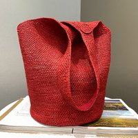 Red Laffey Straw Bucket Bag Retro Woven Large Capacity Single Shoulder Holiday Women's Bag Casual Style Handbag Summer 2026