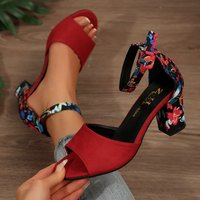 Women Summer Shoes 2026 High Sandals Vintage Flower Print Open Toe High Heels Woman Casual Buckle Ankle Strap Sandalse