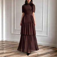 Yaminiya 2026 Summer Women Elegant Dress O Neck Short Sleeve Solid Pleated Cake Dress Slim Fit Retro Party Evening Female Chic