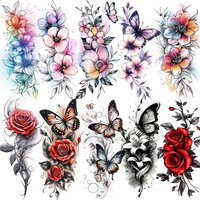 1 Sheet Colorful 3D Rose Flower Butterfly Temporary Tattoos For Women Adults Hand Foot, Waterproof Realistic Fake Tattoo Sticker