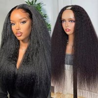 Bling Hair V Part Kinky Straight Human Hair Wig 32inch Glueless Wigs Human Full Head Clip In Half Wigs V Part Kinky Curly Human Hair Wig with Drawstring 180% Density Natural Black
