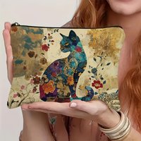 Lightweight Polyester Vibrant Floral Cat Pattern Makeup Bag with Zipper Travel Cosmetic Pouch for Women, Artistic Design Flowers