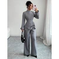 Women's Grey 2 Piece Outfits High Neck Drawstring Waist Blouse & Wide Leg Pants Set Elegant Office Work Suit 2026