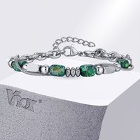Vnox Green Natural Stone Bracelet for Men Boys, Stainless Steel Chain Beaded 17-22cm Adjustable Wristband, Hip Hop Jewelry Gifts