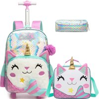 Cute Rolling Backpack with Wheels for Girls 3pcs Roller backpack with Lunch Box Set for Elementary Student Teen kids