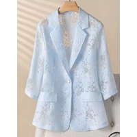 New in Light Blue Jacquard Seven Quarter Sleeve Suit Jacket with One Button Breathable Commuting Style Women's Suit Top