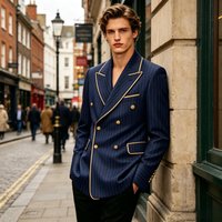 Men's Pinstripe Double Breasted Blazer Slim Fit Peak Lapel Jacket With Gold Trim Luxury Formal Business Wedding Party Suit Coat
