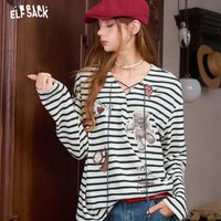 ELFSACK Women's Striped Knit Top with Bear Graphic Print, Lace Up V-Neck Long Sleeve Tee, Casual Cute Pullover for Daily Wear