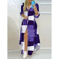 Purple Denim Print Long Sleeve Dress Vacation Style Casual Summer Womens A Line Midi Dress Loose Fit Fashion Trendy Outfit