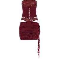 DSMTRC Midnight Club Vacation Matching Dress Suit Burgundy Faux Leather Lace Up Crop Top+Mini Belt Skirts Two Piece Party Outfit