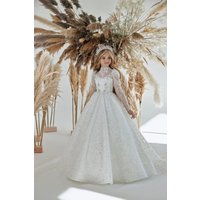 Customized White Flower Girl Dress For Wedding Appliques Glitter Long Sleeve Floor Length Kids Birthday First Communion Gown