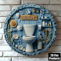1pc Vintage 8x8" Round Aluminum Toilet Sign 2D Flat - Humorous Bathroom Message (Blue Toilet Design), Perfect for Home/Bar/Cafe