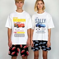 2026 2PCS The Cars Lightning McQueen&SALLY Summer T-Shirt With Pajama Shorts Suit For Adult/Kids Couple Outfit Suit