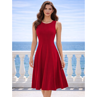 Womens solid color Sleeveless Summer O-Neck Knee Length Flared Skirt Holiday Prom Casual Full Skirt A-Line Dress