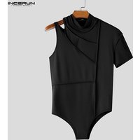 INCERUN Men's Bodysuits Solid Color Turtleneck Asymmetrical Sleeve Rompers For Man Playsuits 2026 Casual Men Clothes Bodysuit