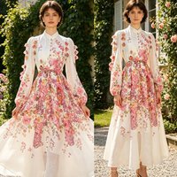 Elegant Vintage Printed Stand Collar Lantern Sleeve Single Button Two Piece Set Long Dress Polyester Fiber Summer Women's Dress