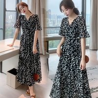 Elegant V Neck Floral Print Midi Dress With Flare Sleeves And Ruffled Hem For Women Summer French Style Loose Fit A Line