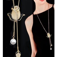 Fashion Unique Hollow Crystal Blue Shampee Tulip Pendant Sweater Necklace Silver Color Chain Long Necklace for Women