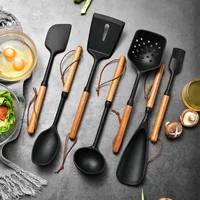 7Pcs Black Silicone Wooden Handle Cooking Tool Non-stick Kitchen Utensils Silicone Spatula Baking Kitchen Utensils Tool