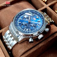 MINI FOKUS Silber Blau Quarzuhr für Männer Wasserdichte 24-stunde Chronograph Armbanduhr mit Auto Datum Edelstahl Strap 0463
