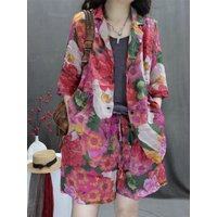Elegant Summer Hemp Print Vintage Loose Lightweight Drapy Stylish Versatile Women's Suiting Set Fashionable All-Match