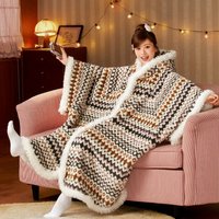 New Cute Blanket Hooded Cloak Coral Velvet Pajamas Women's Autumn Winter Thickened Robe Blanket Multifunctional Thermal Products