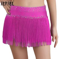Kids Girls Latin Dance Costume Sparkling Rhinestones Tassel Briefs Skirt Solid Color Stage Performance Lyrical Jazz Dancewear