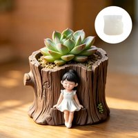 Smiling Girl Relief tree stump Succulent Plant Pot Silicone Resin Mold Cute Girl Relief tree Candle Cup Storage Box plaster mold