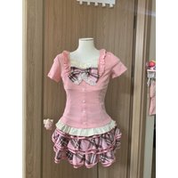 Japanese Vintage Short Sleeve Lace Button Patchwork Top + Plaid Mini Skirt Two-Piece Set Hot Girl Bodycon Sweet Y2k Retro