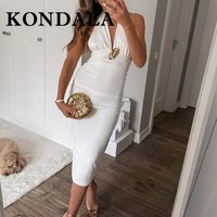 KONDALA Elegant Party White Vintage Sexy Backless Woman Summer Dress Halter Fashion 2025 Pleated Dress Sheath Sequined Vestidos