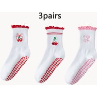 3-Pair Lace Cherry Non-Slip Socks, Soft Girl Style for Home Yoga and Floor