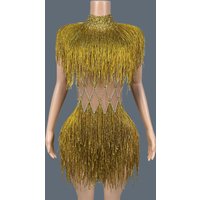 Women Gold Fringe High Neck Mini Dress Diamond Mesh Cutout Bodycon Sheer Stage Performance Club Outfit Maitian